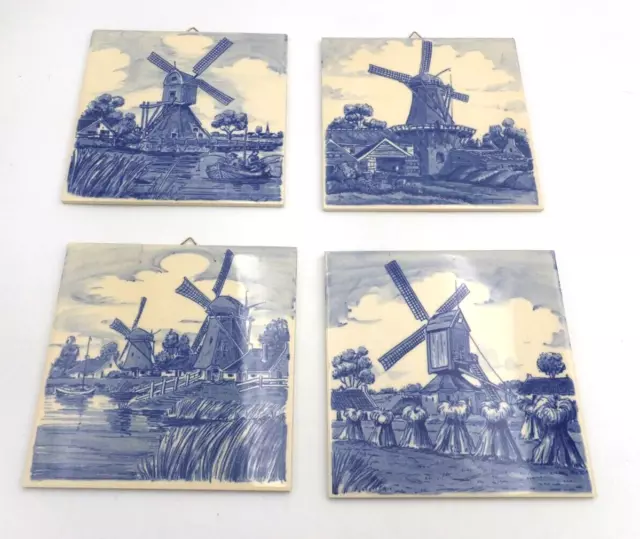 Set of 4 Blue Delft Tiles W. Germany and Holland Windmill Designs