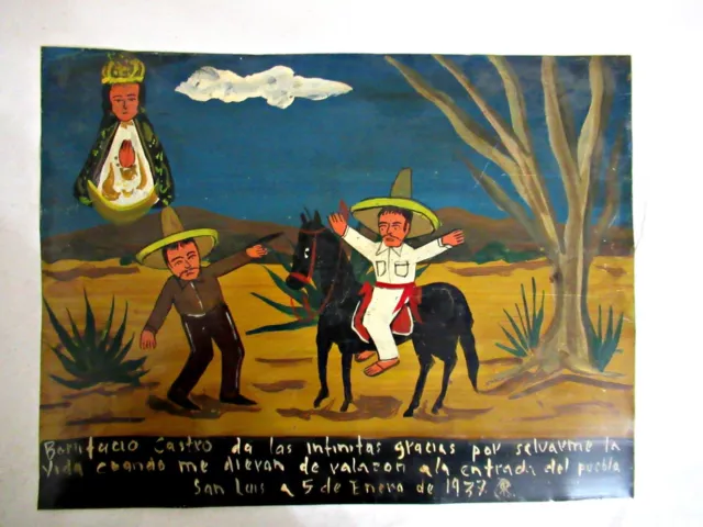 VTG HP MEXICAN TIN RETABLO VIRGEN DE SAN JUAN SAVES MAN LIFE from BULLET in 1937