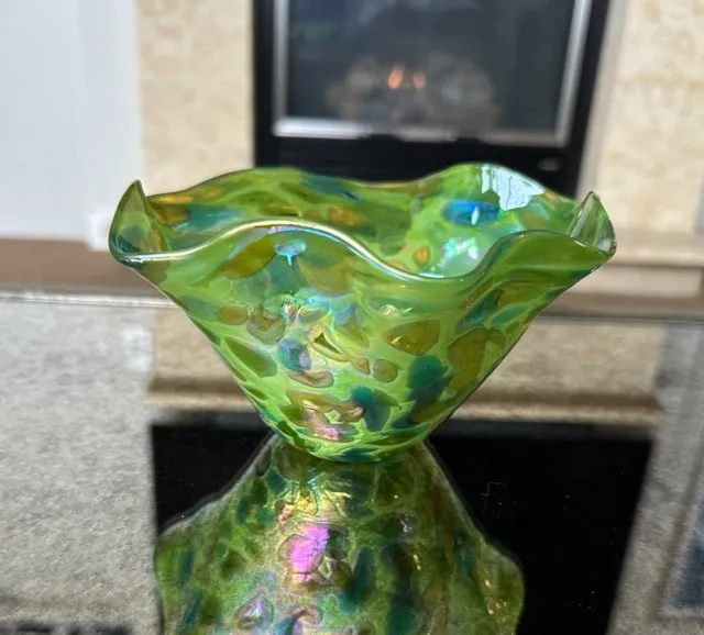 Hand Blown Art Glass by Glass Eye Studio, Small Ruffled Iridescent Green Bowl