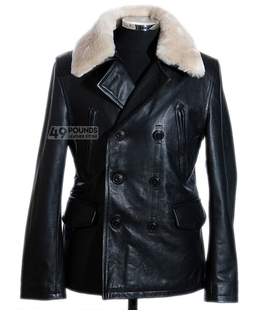 German Air Force Black Men's Fur Collar WW2 Military Real Cowhide Leather Jacket