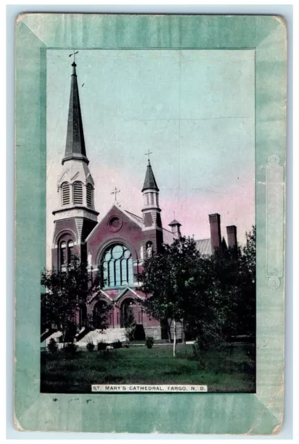 1909 St. Mary's Cathedral Building Statue Entrance Fargo North Dakota Postcard