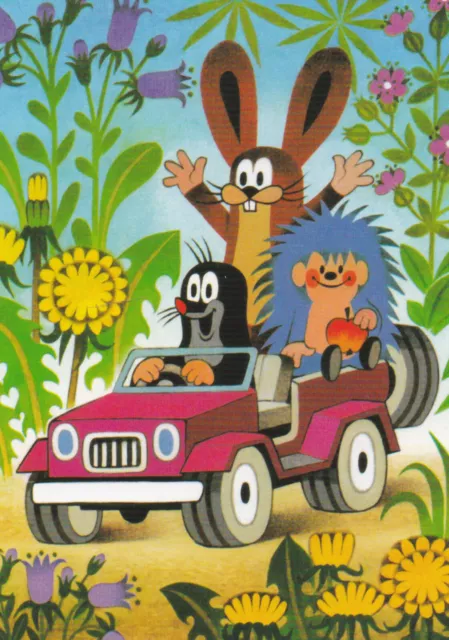 Ansichtskarte: Der kleine Maulwurf fährt mit Hase und Igel im Jeep - little mole