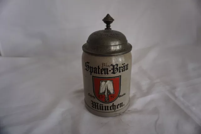 Alter Brauereikrug "Spaten Bräu München"Schutzmarke Bierkrug m.Zinndeckel,1/2 L