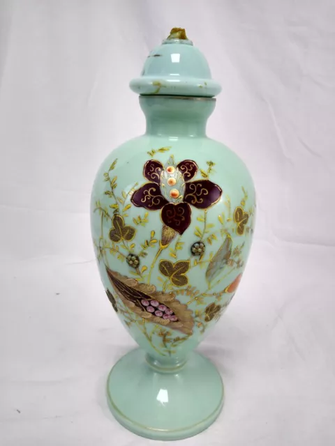 Victorian milk glass hand painted enamel vase with raised details. Finial TLC.