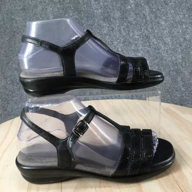 Sas Sandals Womens 7 Buckle Strap Wedge Slingback Black Leather Open Toe Casual