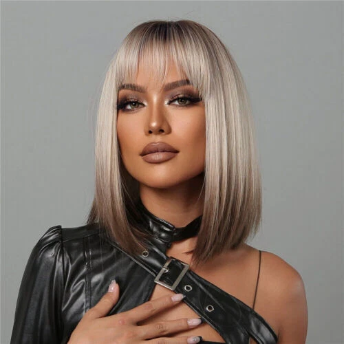Short Straight Synthetic Wigs for Women Blonde to Brown Ombre Bob Wig with Bangs