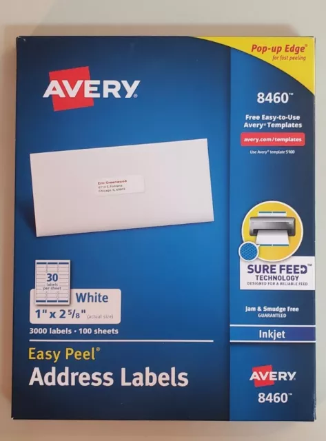Avery® 8460 Easy Peel® Address Labels, Sure Feed™ Technology, 1" x 2 5/8"