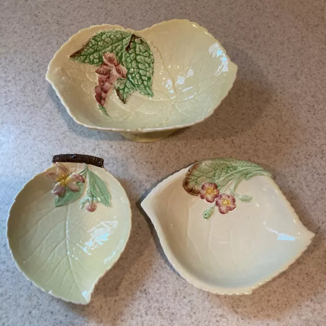 Vintage 3 PC CARLTON Ware Green Majolica Foxglove Leaf Serving Dish England