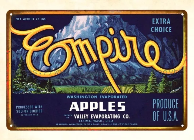 1940 Empire Apples Valley Evaporación Yakima Washington letrero de metal estaño