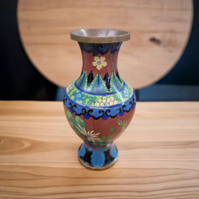 Vintage Antique Chinese Cloisonne Vase Enamel Brass 7.25" Blue Green Terracotta