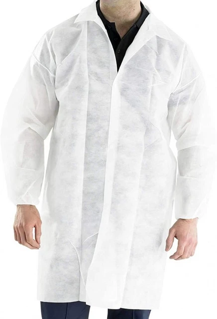 White Disposable Lab Coats for Adults Medium 42 Long; PPE Breathable Smocks Pack