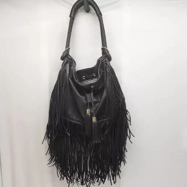 Yoki Fringe Black Vegan Leather Shoulder Hobo Bag Large