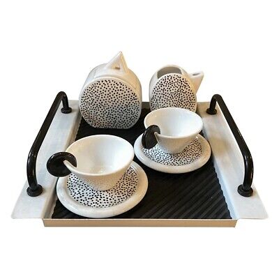 1980s Memphis Style Black And White Metal Tray And Ceramic Tea Set By Mas