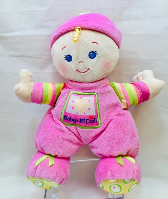 Fisher Price Plush BABY'S FIRST 1ST DOLL Plush Blonde Pink Rattle 10"  Blue Eyes