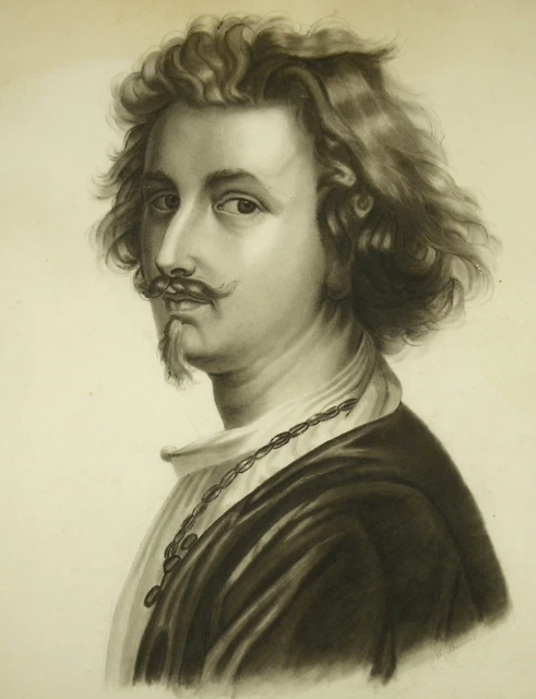 Carboncillo XIX Siglo Firmado L Benedicto Retrato De Joven Hombre Cabello 54CM