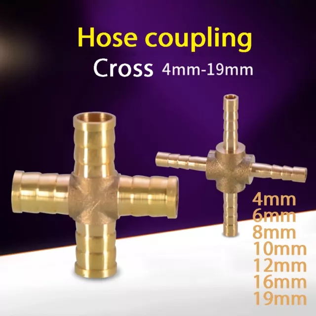 Brass Cross 4 Way Hose Joiner Barbed Connector Air Fuel Water Pipe Tubing 4-19mm