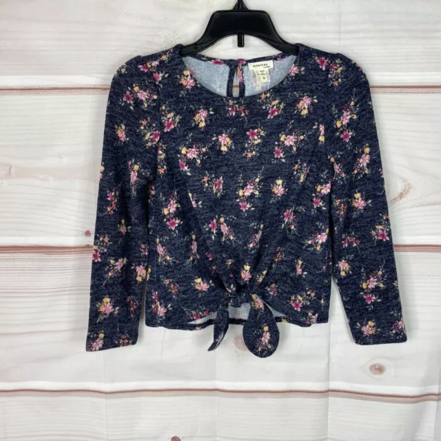 Monteau Girls Floral Tie Waist Top Long Sleeve Round Neck Blue Pullover Small