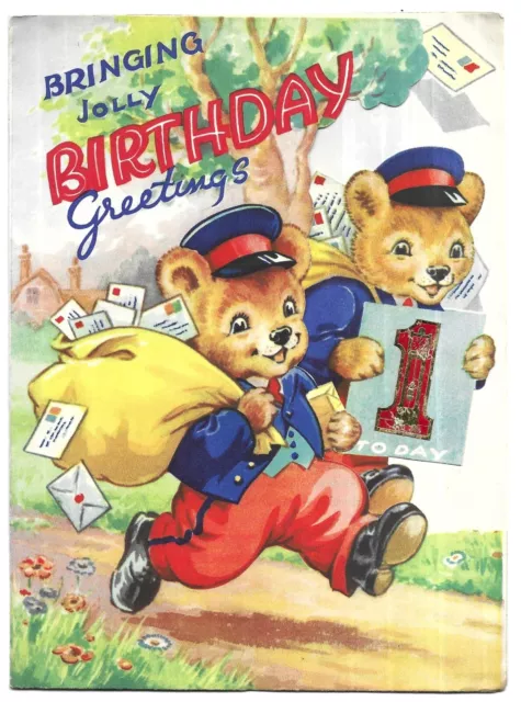 Vintage Birthday Greetings Card Pop Up Anthropomorphic Bears Postman 1940s