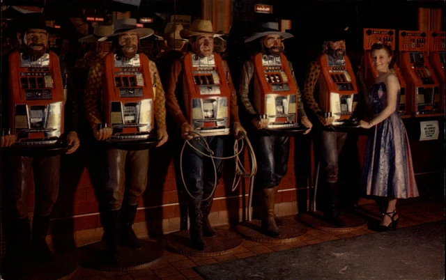 Nevada Reno Slot Machines cowboys lady ~ 1950-60s vintage postcard