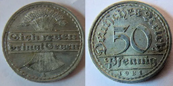 Münze 50 Pfennig Deutschland Deutsches Reich 1921 A Sich regen bringt Segen