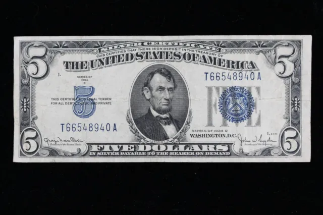 $5 1934D blue seal Silver Certificate Circulated T66548940A Exact Note Shown