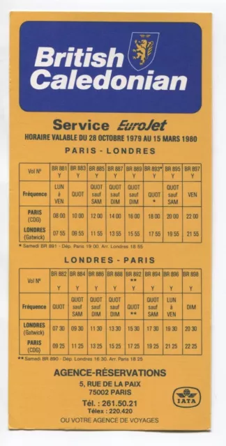 British Caledonian Paris Eurojet Timetable Winter 1979/80 Bcal