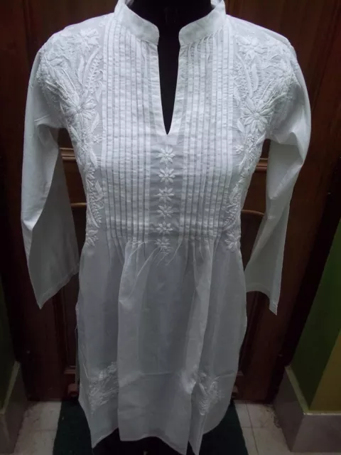 Xs Xl 2Xl 3Xl Ethnic 100%Cotton Chikan Embroidery Top Handmade Kurta Kurti Tunic