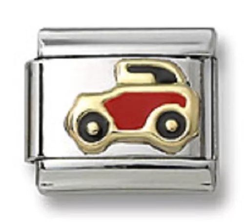 18K Gold Italian Charm Car Red Enamel 9 mm Stainless Steel Modular Link Bracelet