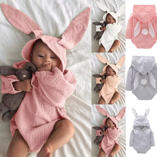 Newborn Infant Baby Boys Girls Linen 3D Bunny Ear Hat+Romper Bodysuit Outfit AU