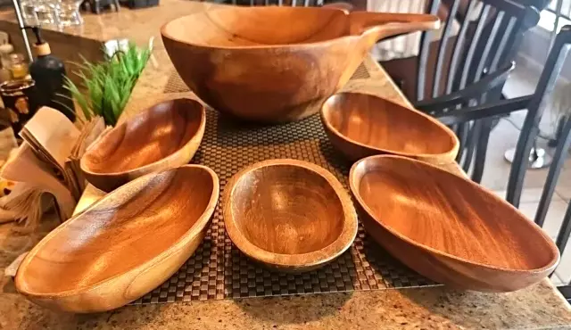 MCM Wooden Salad Bowl Set/5 W/Handle 15"x11.5"x5" Teak? Oval Bowls 70's