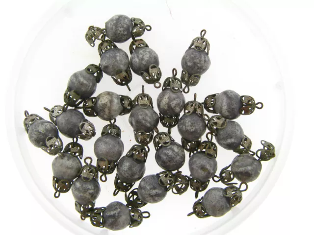 Vintage Grey Stone Effect Lucite Aged Brass Filigree Capped Ends Bead Findings