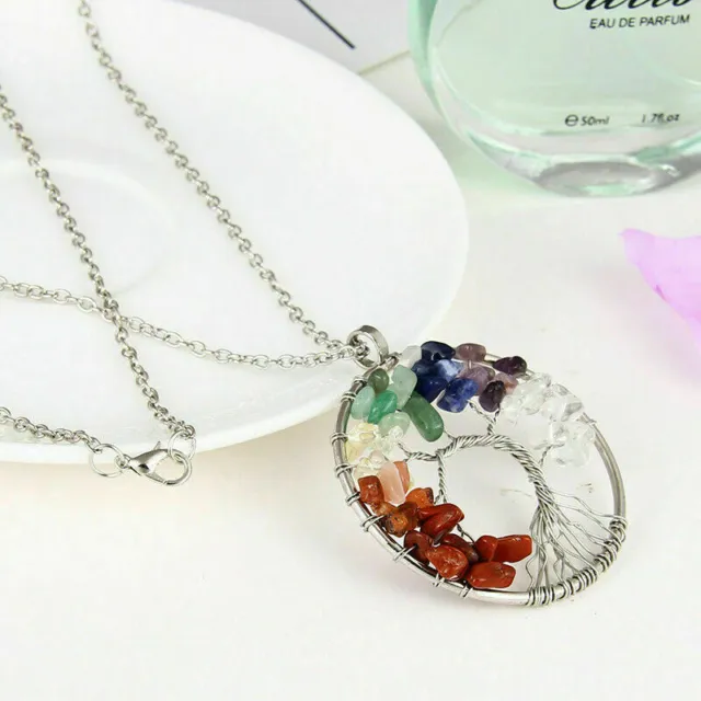 Natural Gemstone Tree of Life Pendant Necklace 7 Chakra Healing Crystal Charm 6