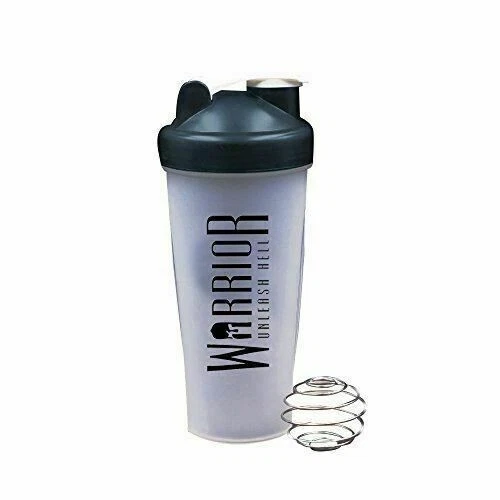 Bottiglia frullatore proteico Warrior, trasparente/nero-600 ml.