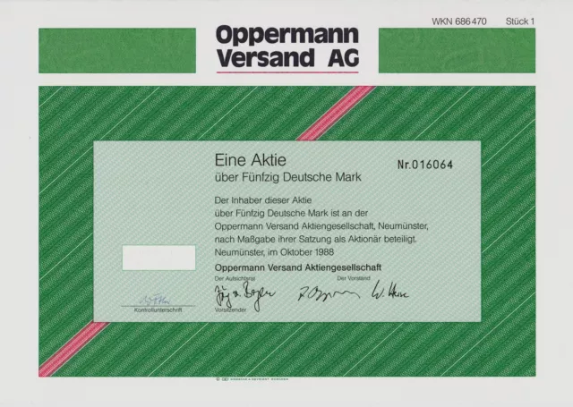 BRD Historisches Wertpapier Aktie Oppermann AG 50 Deutsche Mark 1988