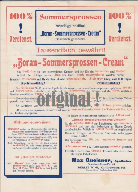 Altes Reklameblatt von Max Queisner Berlin BORAN Sommersprossen Cream 1907