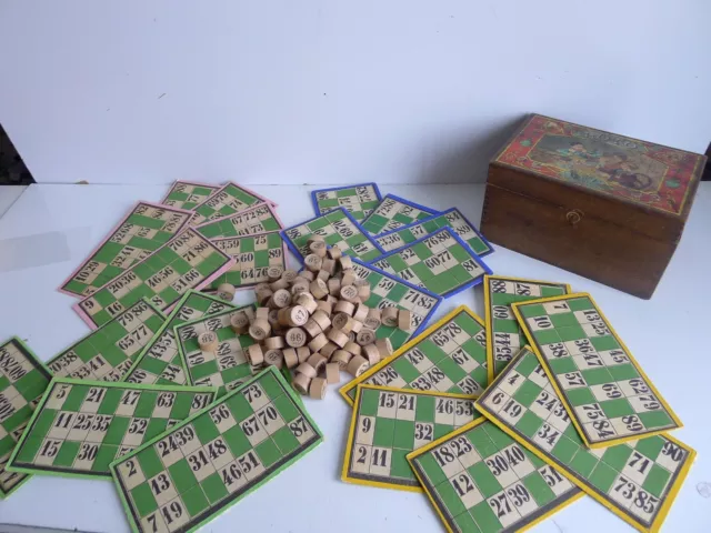 ANCIEN JEU DE LOTO vers 1900 composé d'une boîte 24 CARTES et pions numerotés