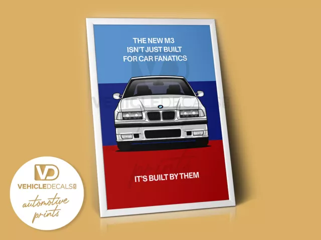 Bmw E36 M3 "Built By Fanatics" Car Poster Drawing Automotive Print Dealer Advert