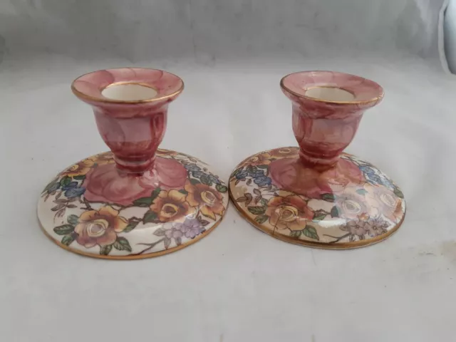 Pair of Art Deco Maling ware lustre candlesticks . Rosina pattern