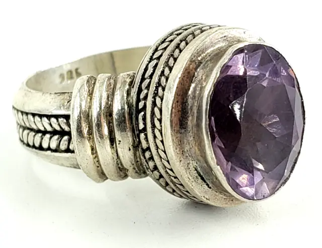 Sterling Silver Ring Size 7 Womens Oval Purple Amethyst Boho Artisan Birthstone