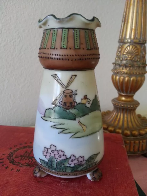 Vintage Nippon Vase Moriage Scenic Footed Hand Painted Windmill Landscape 5" T