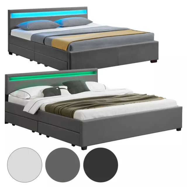 Polsterbett Kunstlederbett Doppelbett Lederbett mit Bettkasten LED Bett Juskys®