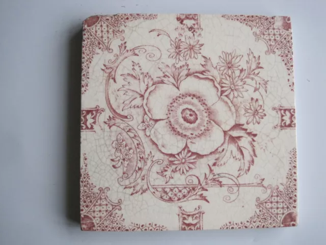 Antique 6" Square Pink Floral Transfer Print Tile - H. Richards