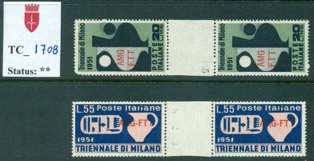 TC_1708. TRIESTE. 1951 "TRIENNALE DI MILANO" Gutter Pairs. Sas 124-125. MNH