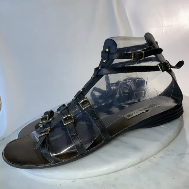Steve Madden Black Leather Strappy Gladiator Flats Sandals Size 10 Gold Buckles 3