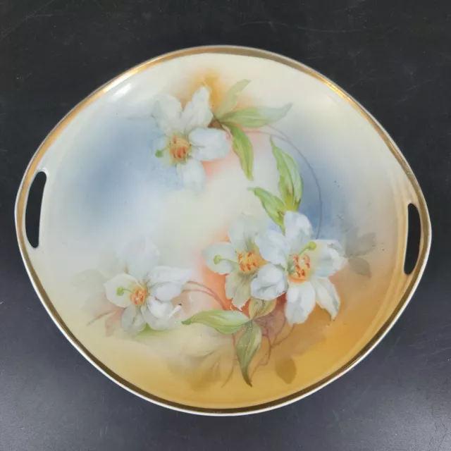 CT Silesia Altwasser Germany Cake Plate Handpainted White Lily Antique 1920s