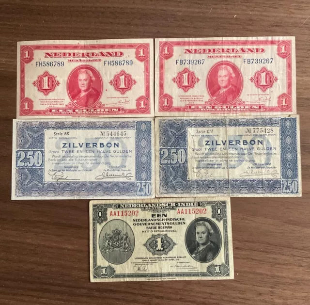 NETHERLANDS  lot 5 banknotes 1938-1943