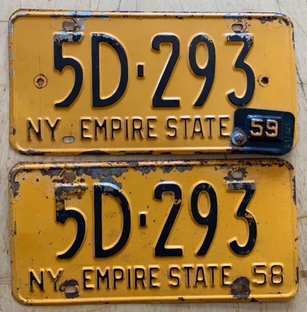 1958 1959 New York License Plate Plates Matching Set  Pair " 5D 293 " Ny 58