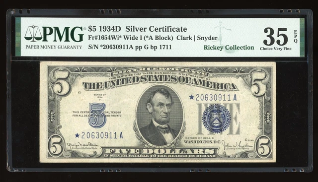 DBR 1934-D $5 Silver STAR Fr. 1654Wi* Wide I PMG 35 EPQ Serial *20630911A