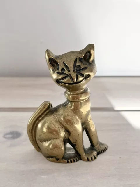 Brass Smiling Cat Vintage Grinning Sitting Feline Statue Decorative Figure