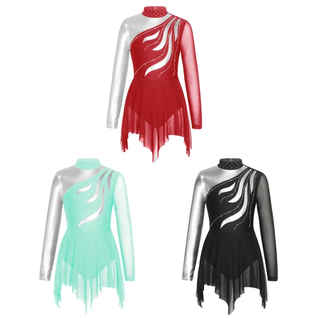 Justaucorps Gymnastique Fille Strass Robe Patinage Artistique à Manches Longues